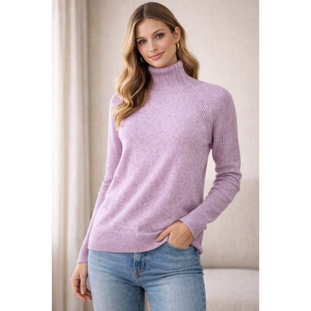 LINY XIN 100%‎ Merino Wool Turtleneck Sweater Womens M Purple Ribbed Soft Cozy
